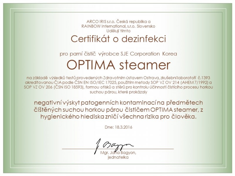 Certifikát dezinfekce OPTIMA steamer